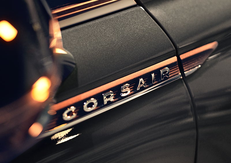 The stylish chrome badge reading “CORSAIR” is shown on the exterior of the vehicle. | Doggett Lincoln of Beaumont in Beaumont TX